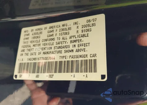 2007 Honda Accord 3.0 Ex из США, поврежденный, VIN 1HGCM81677A007844